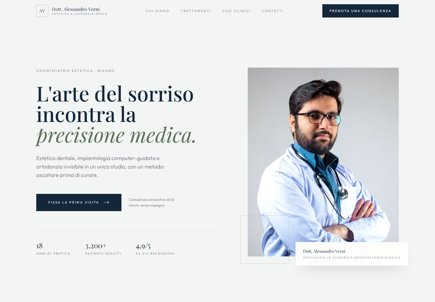 Homepage del sito dello studio dentistico: ritratto del dottore e il titolo «L'arte del sorriso incontra la precisione medica»